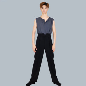 Men's Gray & Navy Ribbed Sleeveless Henley Dance Top with High-Waisted Black Pants, Modern Lyrical Ballet Contemporary Dancewear
