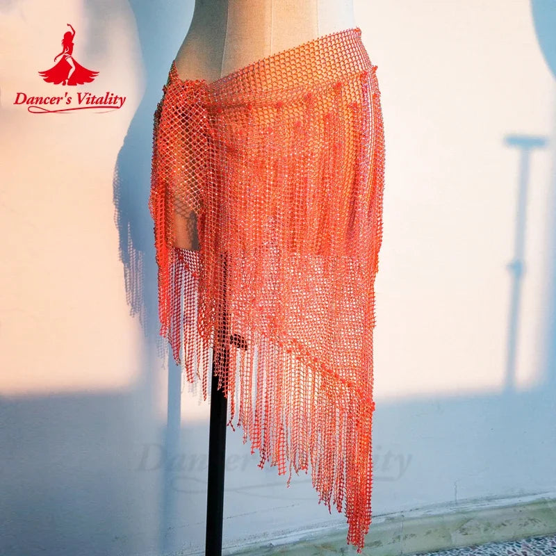 Belly Dance Hip Scarf, Women's Teal Blue Sequin Fringe Mesh Skirt, Latin Dance Hip Wrap