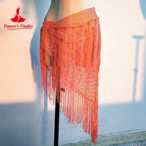 Belly Dance Hip Scarf, Women's Teal Blue Sequin Fringe Mesh Skirt, Latin Dance Hip Wrap