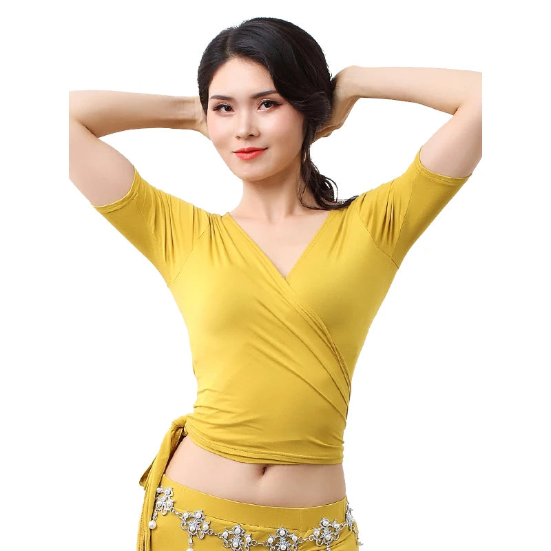 Women's Blue V-Neck Wrap Belly Dance Top with Elbow Sleeves, Performance Apparel