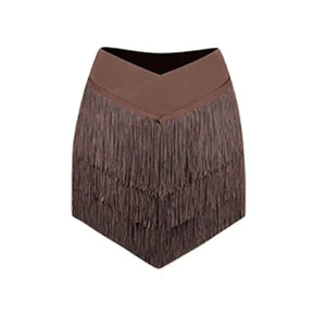 Women's Pink, Brown, Black V-Neck Long Sleeve Crop Top & Fringe Latin Dance Skirt Set