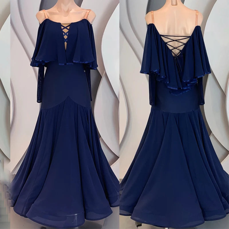 Ballroom Dance Dress Women Navy Blue Chiffon Off-Shoulder Lace-Up Back Long Sleeve Full Skirt