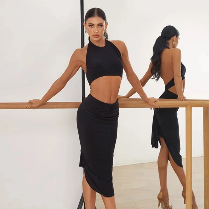 Women's Pink Halter Neck Ruched Cutout Bodycon Midi Dress for Latin Dance