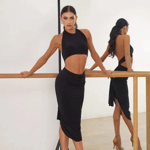 Women's Pink Halter Neck Ruched Cutout Bodycon Midi Dress for Latin Dance