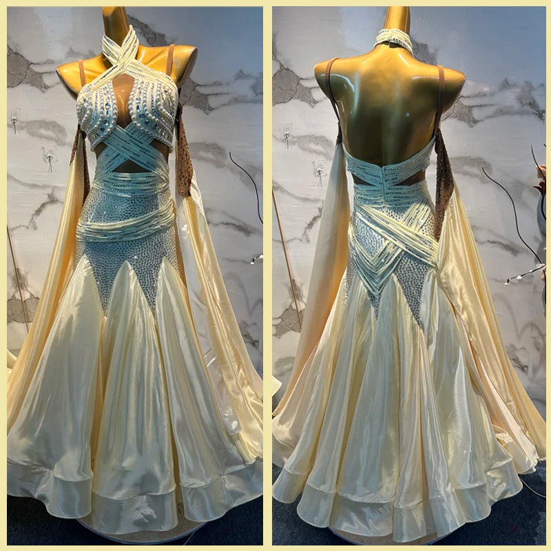 Ballroom Dance Dress Women's Ivory Rhinestone Sequin Lace Halter Neck Open Back Long Skirt with Drapes Smooth Standard