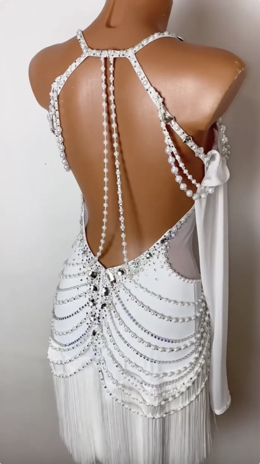 Women's White Embellished Fringe Latin Dance Dress