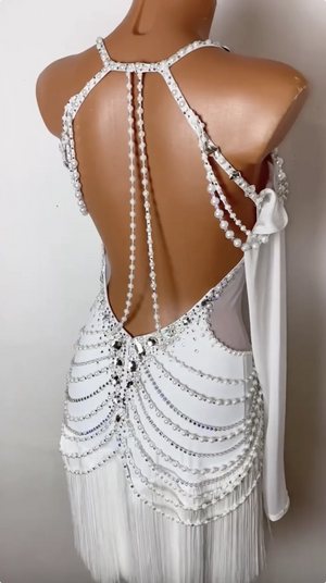 Women's White Embellished Fringe Latin Dance Dress