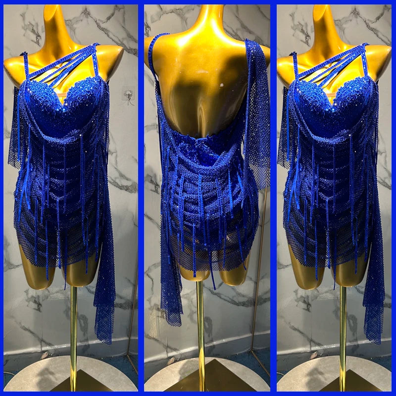 Dance Dress Women's Royal Blue Rhinestone Mesh Fringe Latin Ballroom Salsa Rumba Performance Dress