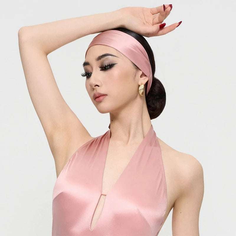 Women's Ivory Satin Halter Neck Leotard with Headband, Ballroom Dance