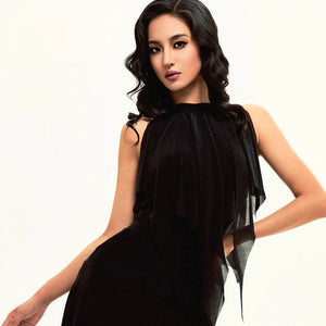 Women's Black Chiffon Halter Asymmetrical Layered Ballroom Dance Dress