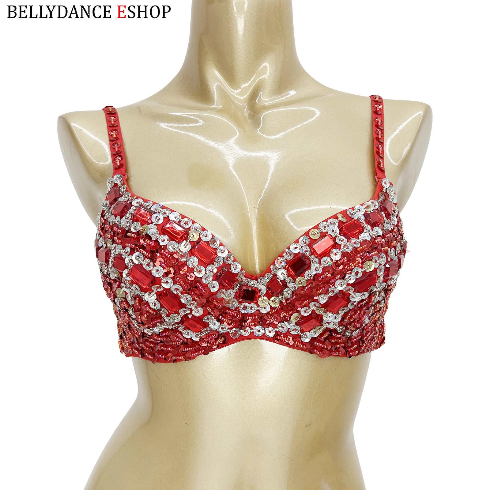 Belly Dance Bra, Women's Red Bejeweled Sequin Embellished Rhinestone Costume Top, Belly Dancing