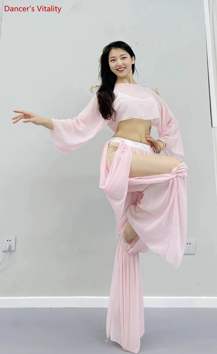 Women's Belly Dance Training Outfit With Long-Sleeve Top And Chiffon Lantern Pants