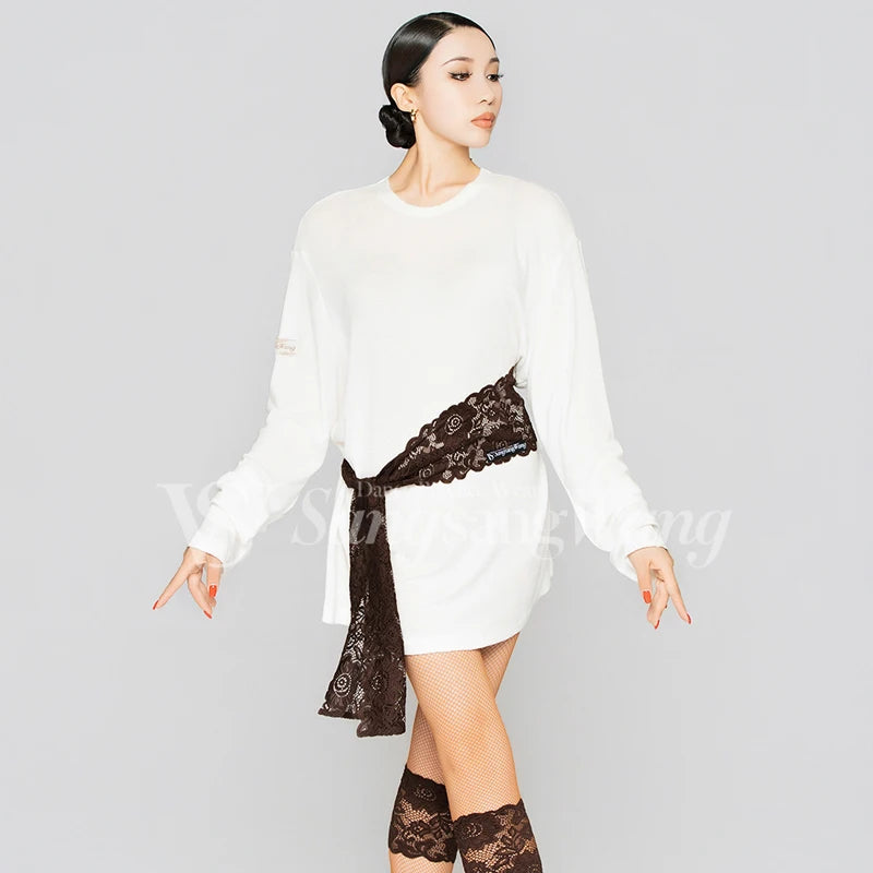 Women's White Long Sleeve Oversized Dance Tunic with Lace Belt & Fishnet Tights, Ballroom