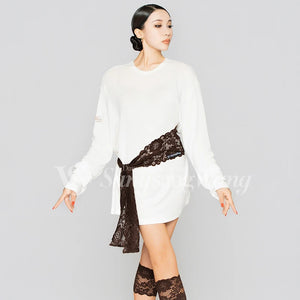 Women's White Long Sleeve Oversized Dance Tunic with Lace Belt & Fishnet Tights, Ballroom