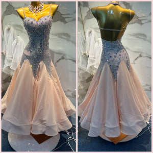 Ballroom Dance Dress, Women's, Light Pink, Rhinestone Embellished Bodice, Open Back, Full Skirt