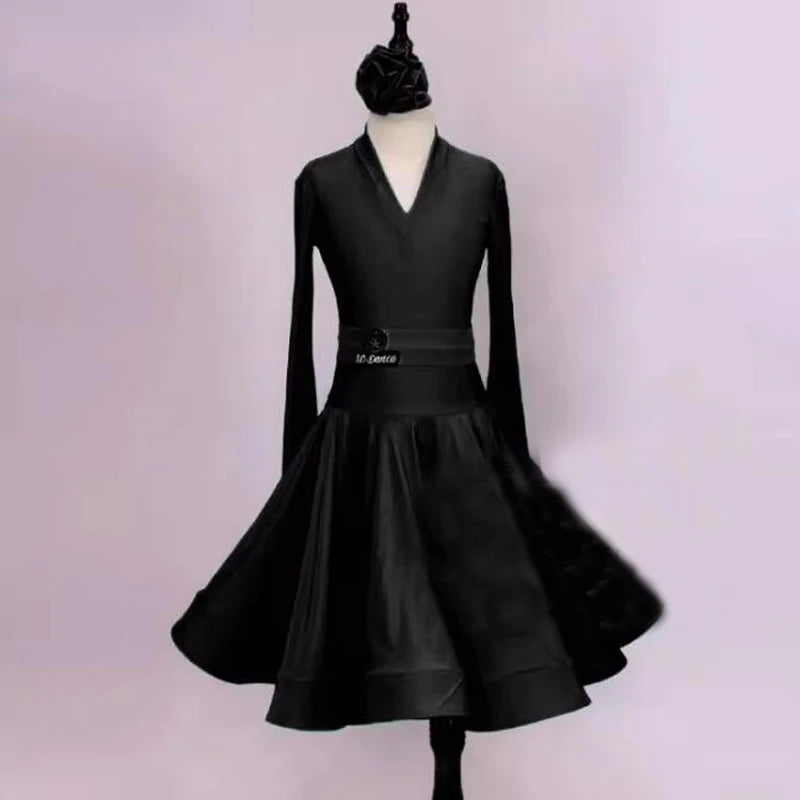 Girls Ballroom Dance Dress Red, Pink, Green, Yellow, Lime Green, Purple Long Sleeve V-Neck Competition Costume