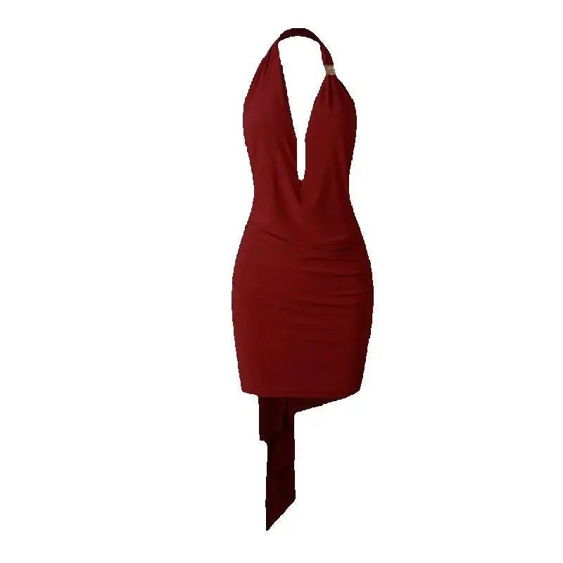 Women's Burgundy & Black Halter Ruched Bodycon Mini Dress with Plunge Neck and Asymmetrical Hem for Latin Dance