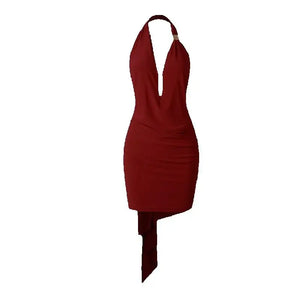 Women's Burgundy & Black Halter Ruched Bodycon Mini Dress with Plunge Neck and Asymmetrical Hem for Latin Dance