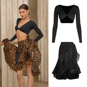 Women's Black Long Sleeve Knot Front Crop Top and Leopard Print Ruffle Skirt Latin Dancewear Set