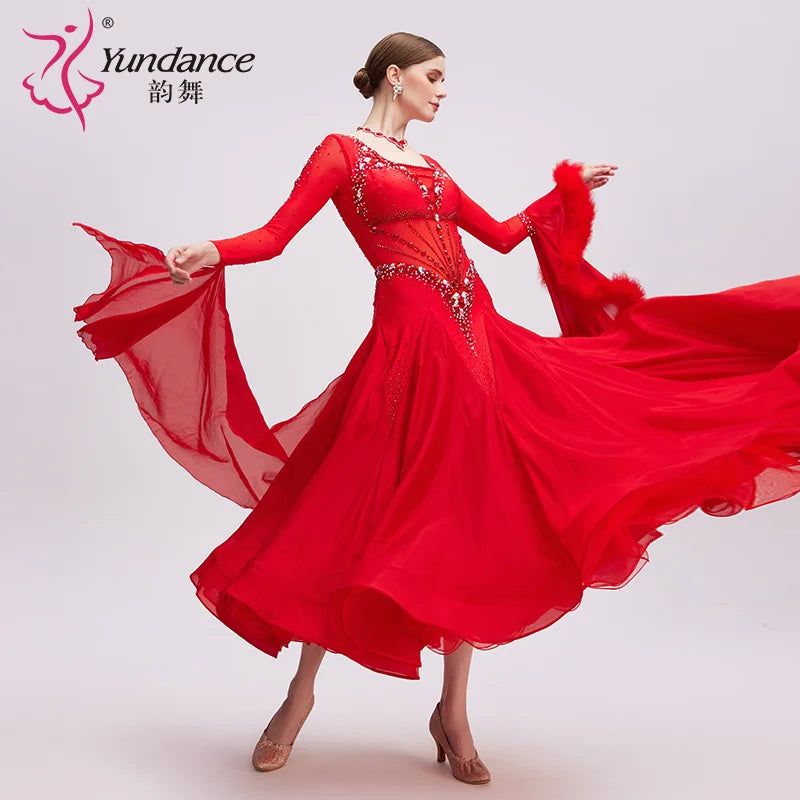 Women's Standard Ballroom Dance Dress Chiffon Red For Stage Performance
