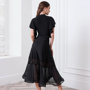 Women's Brown V-Neck Ruffle Sleeve Ruched Ballroom Dance Dress, Women's Black V-Neck Ruffle Sleeve Lace Pleated Hem Ballroom Dance Dress