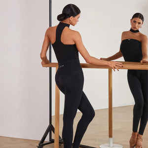 Women's Black Strapless Halter Neck Unitard with High-Waist Leggings, Stretch Fabric, Latin Ballroom Dance