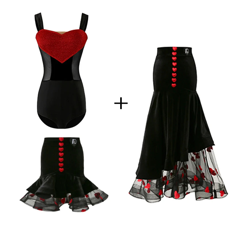 Girls Black & Red Velvet Glitter Heart Mesh Latin Dance Dress