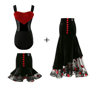 Girls Black & Red Velvet Glitter Heart Mesh Latin Dance Dress