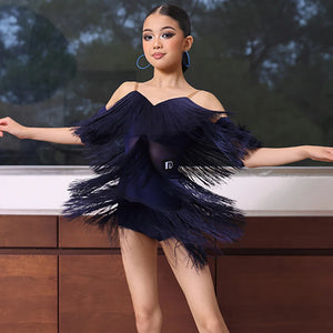 Girls' Lavender Fringe Latin Dance Dress with Armbands, Off-Shoulder Sweetheart Neckline, and Side Slit