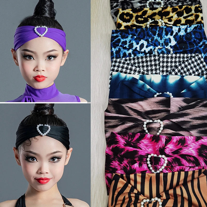 Girls' Embellished Headband for Dance, Various Colors & Animal Prints, Stretch Fabric, Heart Pearl Accent