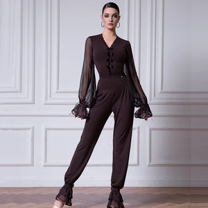 Women's Black and Brown Sheer Sleeve Ruffled Jumpsuit with Velvet Buttons for Latin Dance