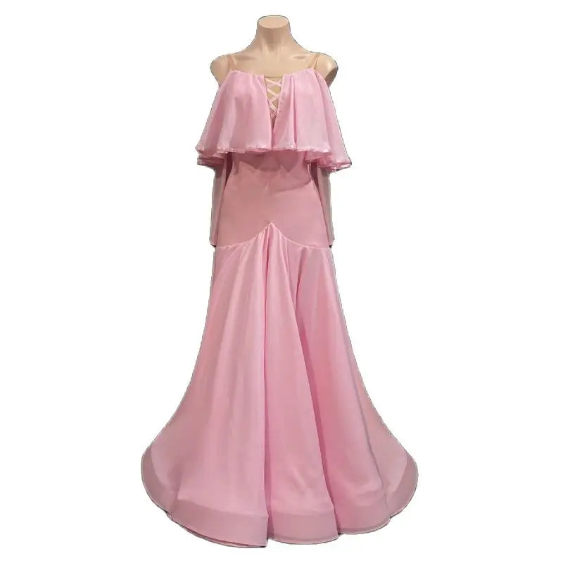 Ballroom Dance Dress Women Navy Blue Chiffon Off-Shoulder Lace-Up Back Long Sleeve Full Skirt