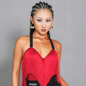 Latin Dance Dress Women's Black/Red/Brown/Beige Fringe Halter Ruched Mini Dress