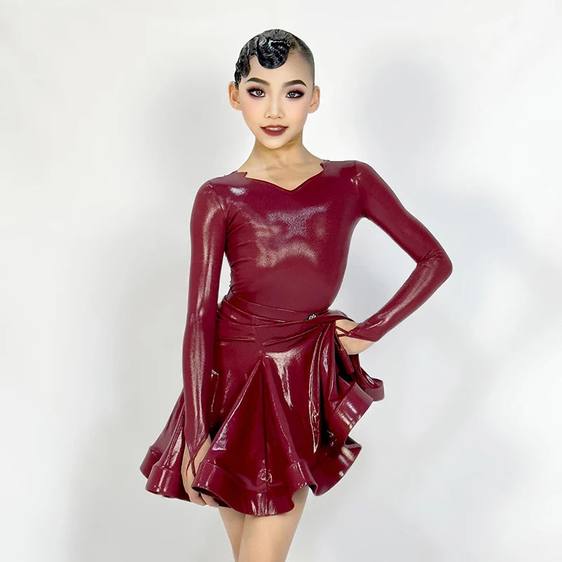 Girls' Latin Dance Dress, Patent Leather, Long Sleeve, V-Neck, Ballroom & Latin Dance