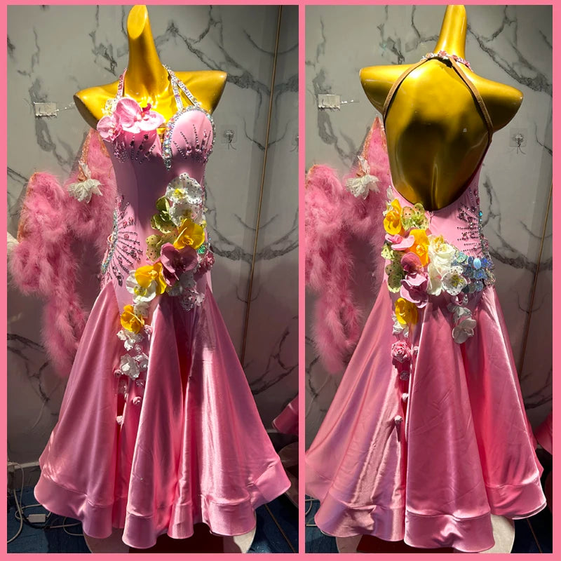 Women's Pink Floral Rhinestone Halterneck Ballroom Dance Dress