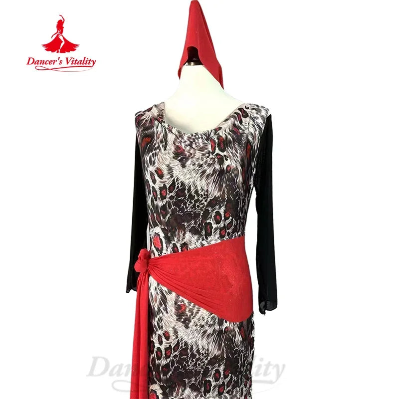 Women's Black and White Animal Print Long Sleeve Maxi Dress with Red Sash and Headpiece for Belly Dance