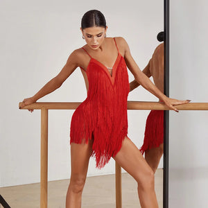 Women's Aqua, Red, Sage Green, Black Fringe V-Neck Spaghetti Strap Latin Salsa Dance Dress