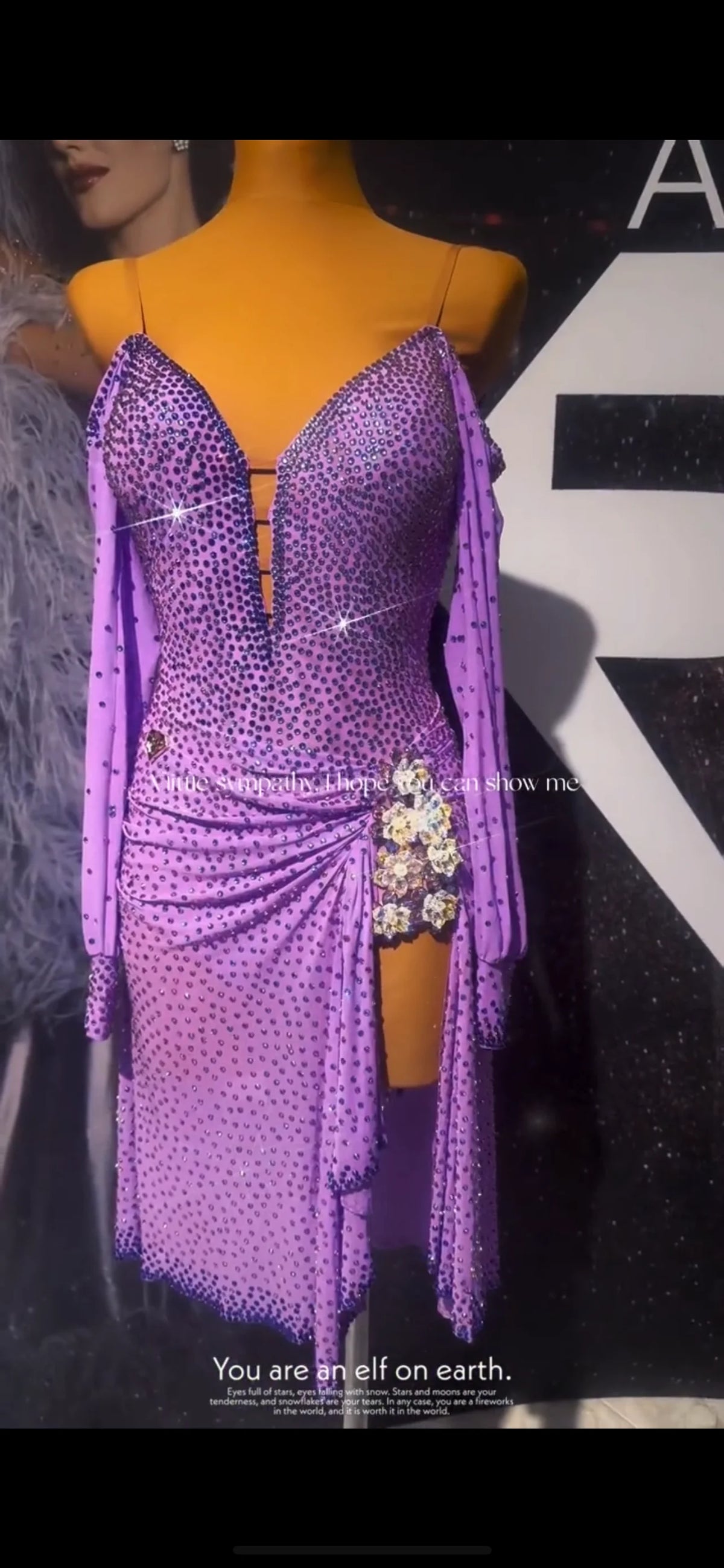 Women's Purple Sequin Rhinestone Long Sleeve Ballroom Latin Dance Dress with Floral Applique