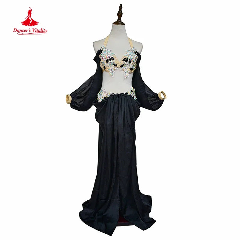 Belly Dance Costume Women Orange Satin Embroidered Crop Top with Bell Sleeves and Long Skirt