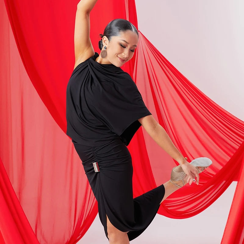 Women's Red & Black Drape Asymmetrical Slit Latin Dance Dress with Buckle Detail