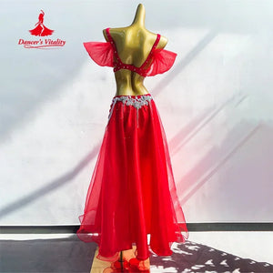 Belly Dance Costume Women Red Chiffon Sequined Pearl Beaded Off-Shoulder Bra & Skirt Set
