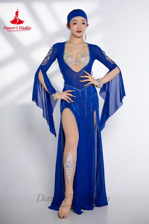 Belly Dance Dress Women Blue Sequin Rhinestone Mesh Long Sleeve Slit Maxi Gown