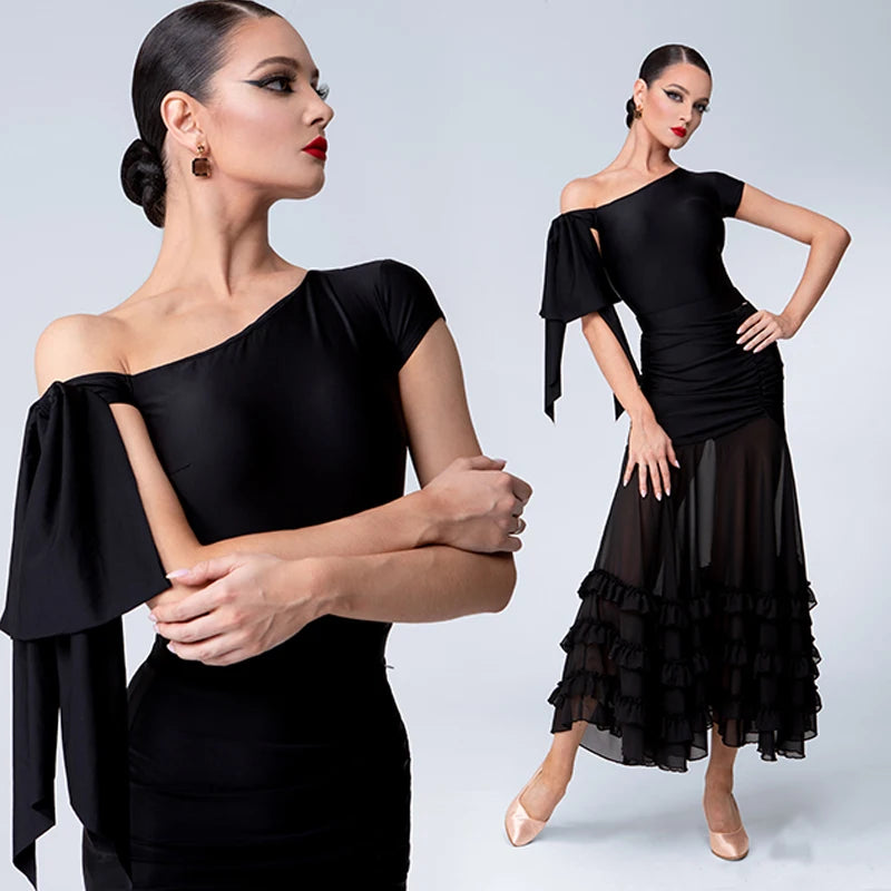 Dance Dress Women's Black One-Shoulder Ruched Chiffon Ruffled Ballroom Latin Dance Dress