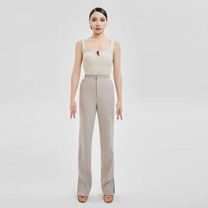 Women's Black and Beige Square Neck Bodysuit with Keyhole and Wide Leg Dance Trousers for Ballroom Dance