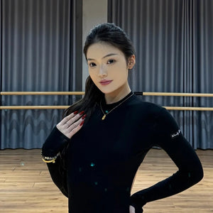 Women's Black Long Sleeve Mock Neck Thumbhole Leotard and Leggings Set, Latin Dance