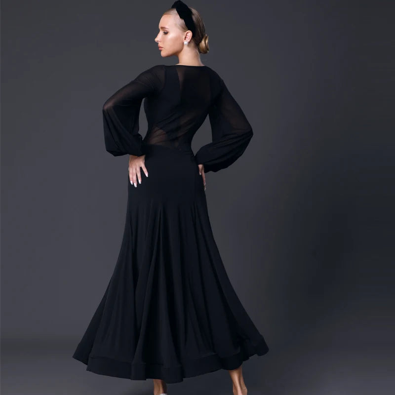 Women's Red & Black Ballroom Dance Dress with Mesh Sleeves & Velvet Bodice