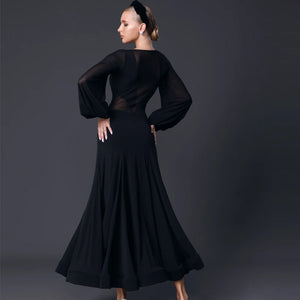 Women's Red & Black Ballroom Dance Dress with Mesh Sleeves & Velvet Bodice