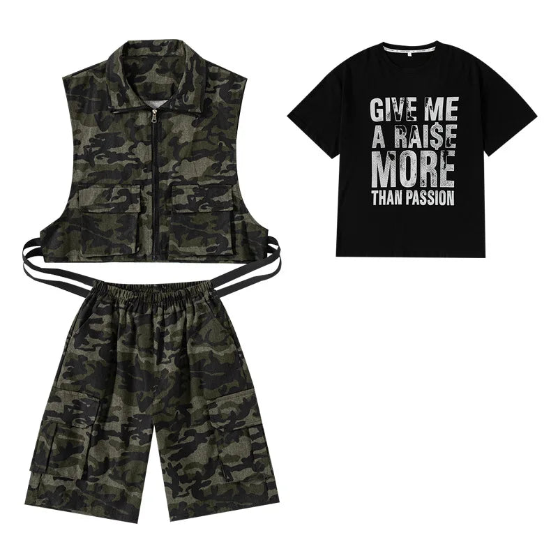 Kids Camouflage Hip Hop Dance Vest & Shorts Set, Black/Green/Red/White Cotton Blend, Street Dance