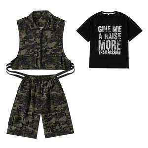 Kids Camouflage Hip Hop Dance Vest & Shorts Set, Black/Green/Red/White Cotton Blend, Street Dance
