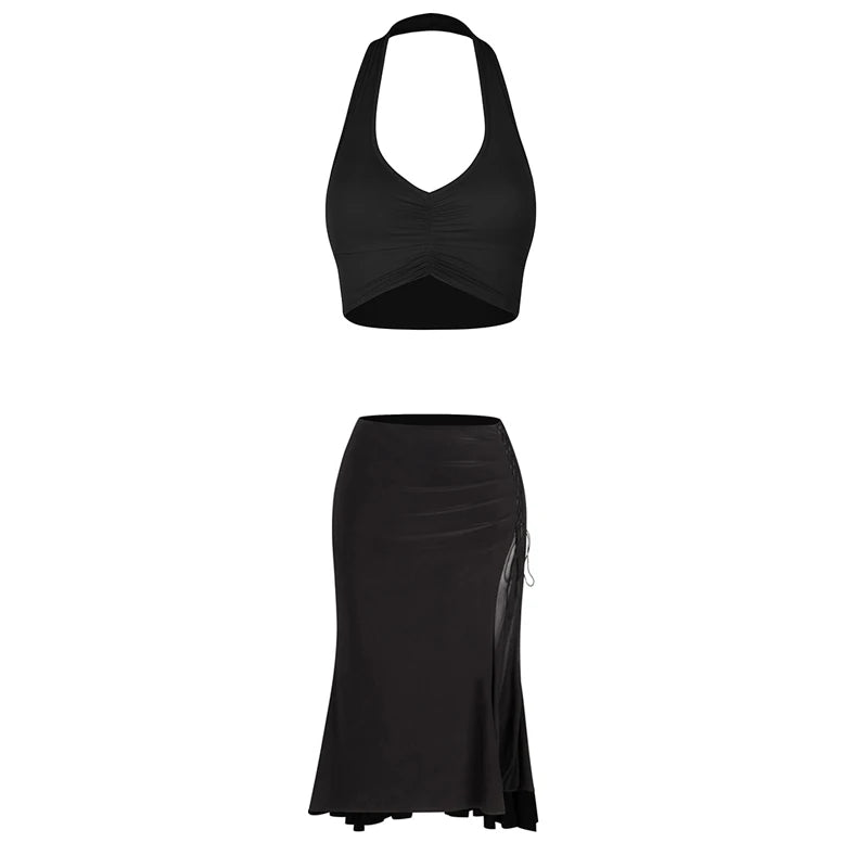 Women's Black Halter Neck Ruched Crop Top & Side Drawstring Ruffle Hem Skirt Latin Dancewear Set